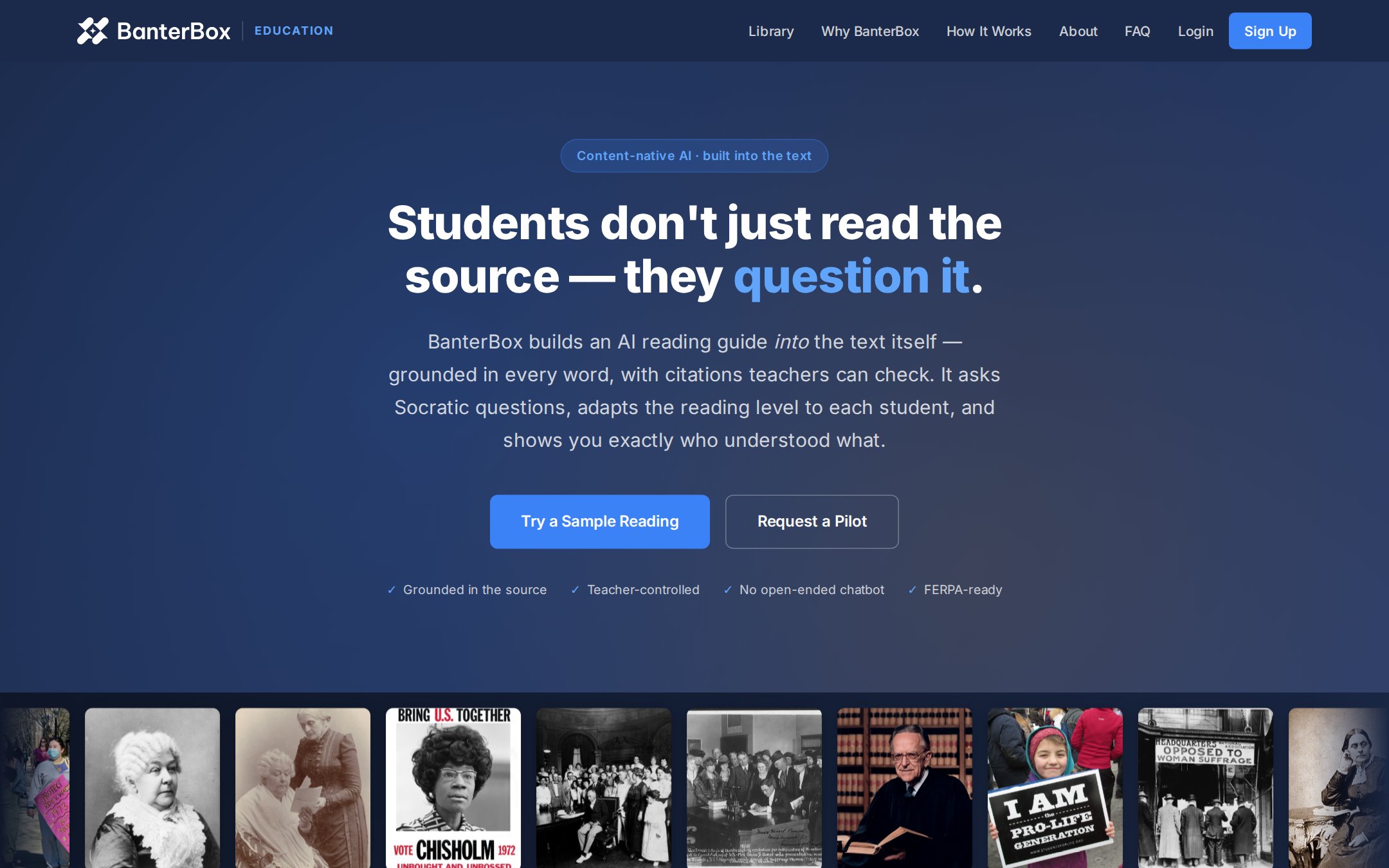 Education — adaptive reading levels, Socratic questioning, and a teacher dashboard.
