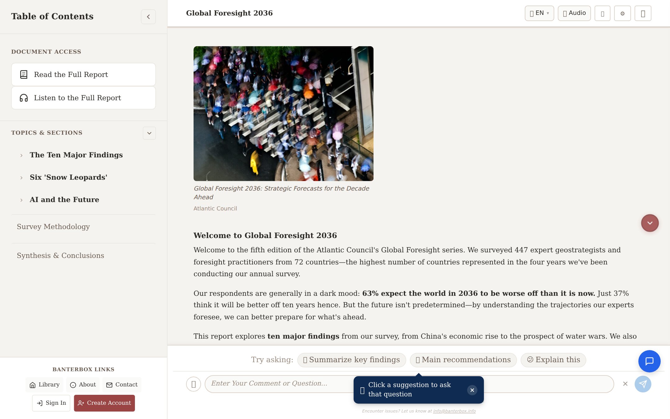 The conversational reader — Atlantic Council “Global Foresight 2036” (447 experts, 72 countries), with cited ask-a-question and argument-tree navigation.