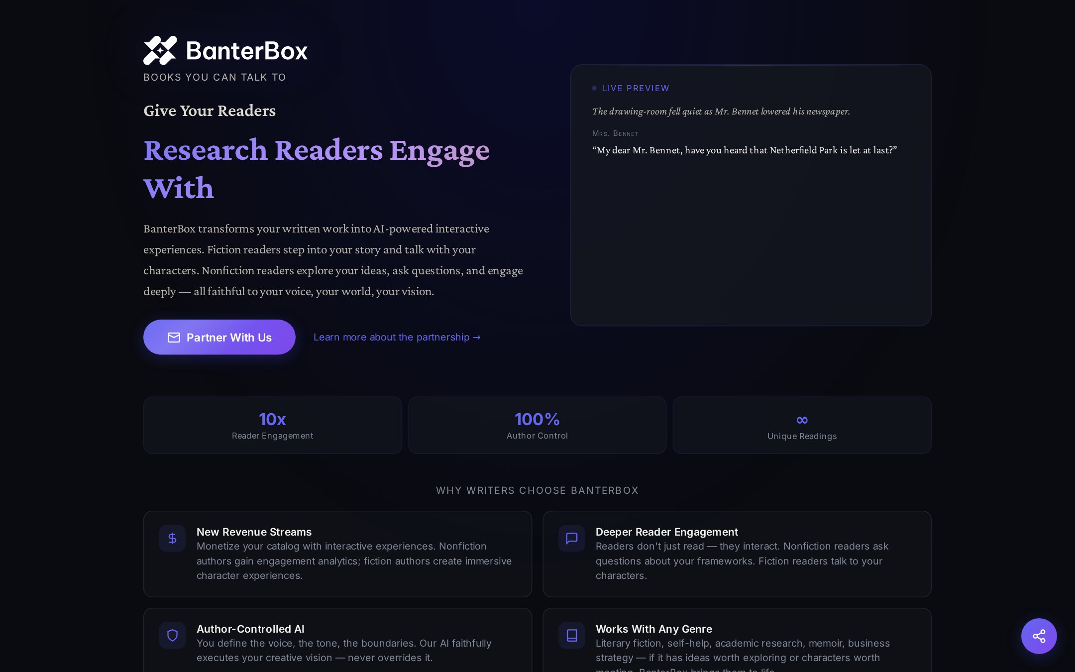 Authors portal — 10x reader engagement with full author control.