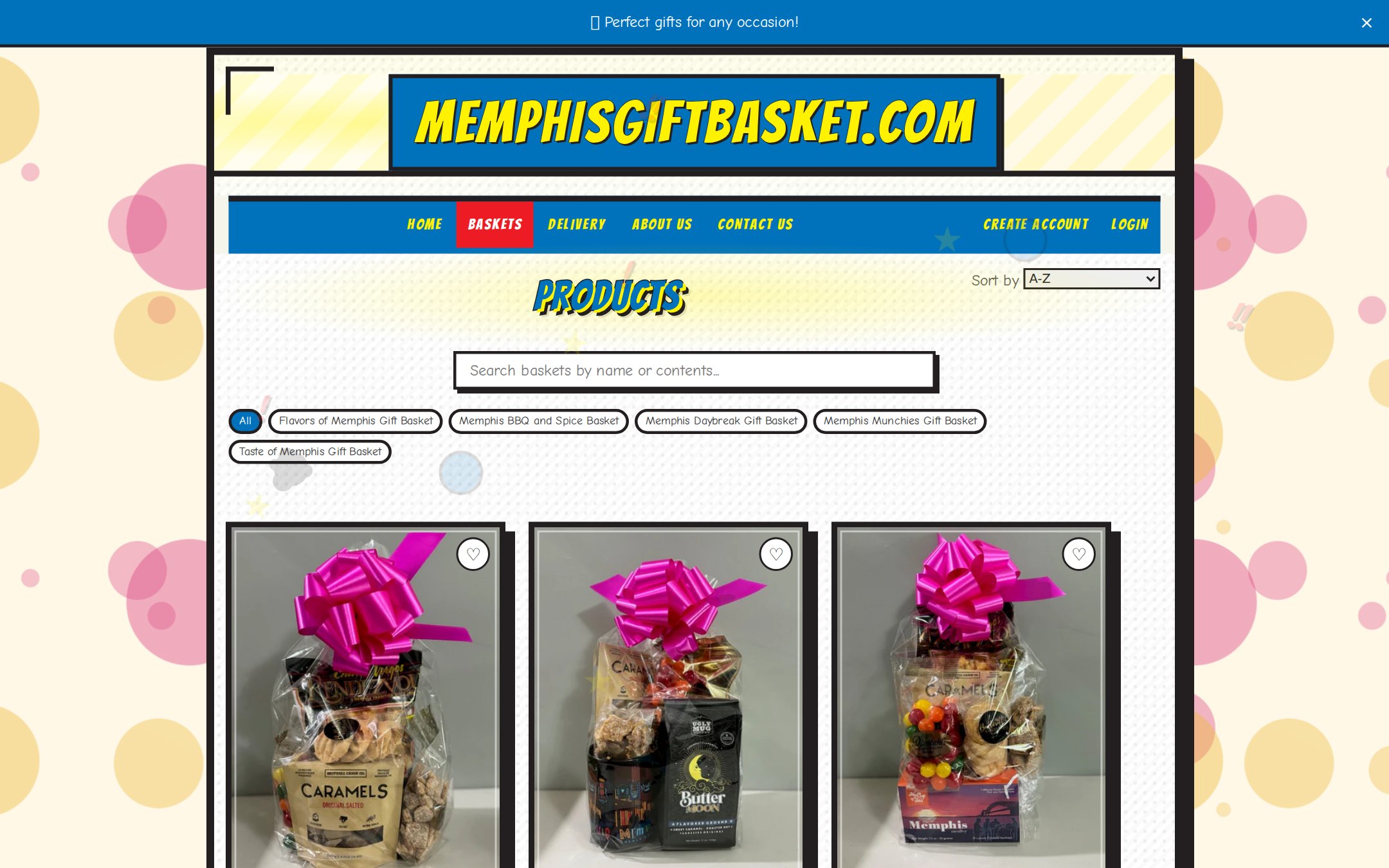 Catalog — the Memphis-themed product range with sorting and collections.