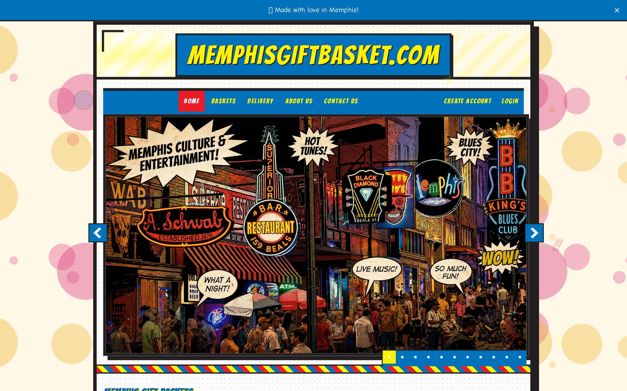 Homepage — a comic-styled Memphis hero and featured baskets.