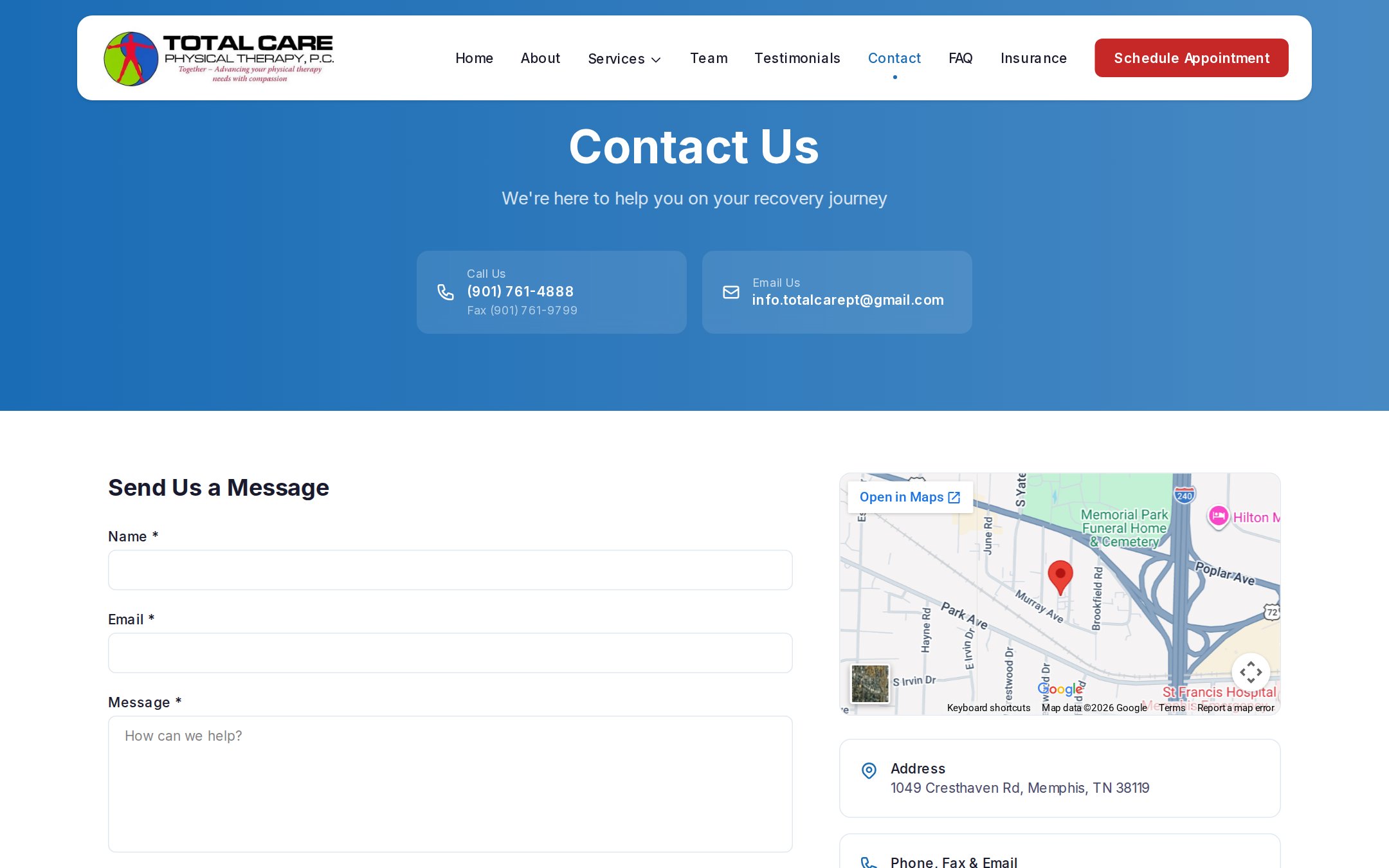 Contact — lead form, embedded map, and new-patient guidance.