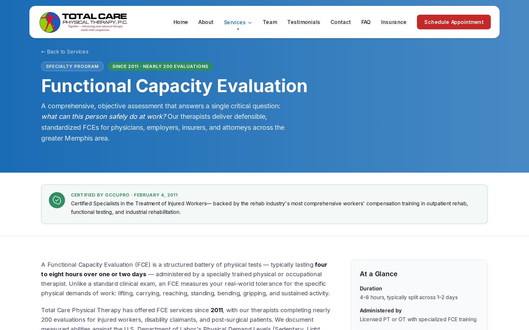 Functional Capacity Evaluation — the clinic's flagship 8-step occupational-rehab protocol.