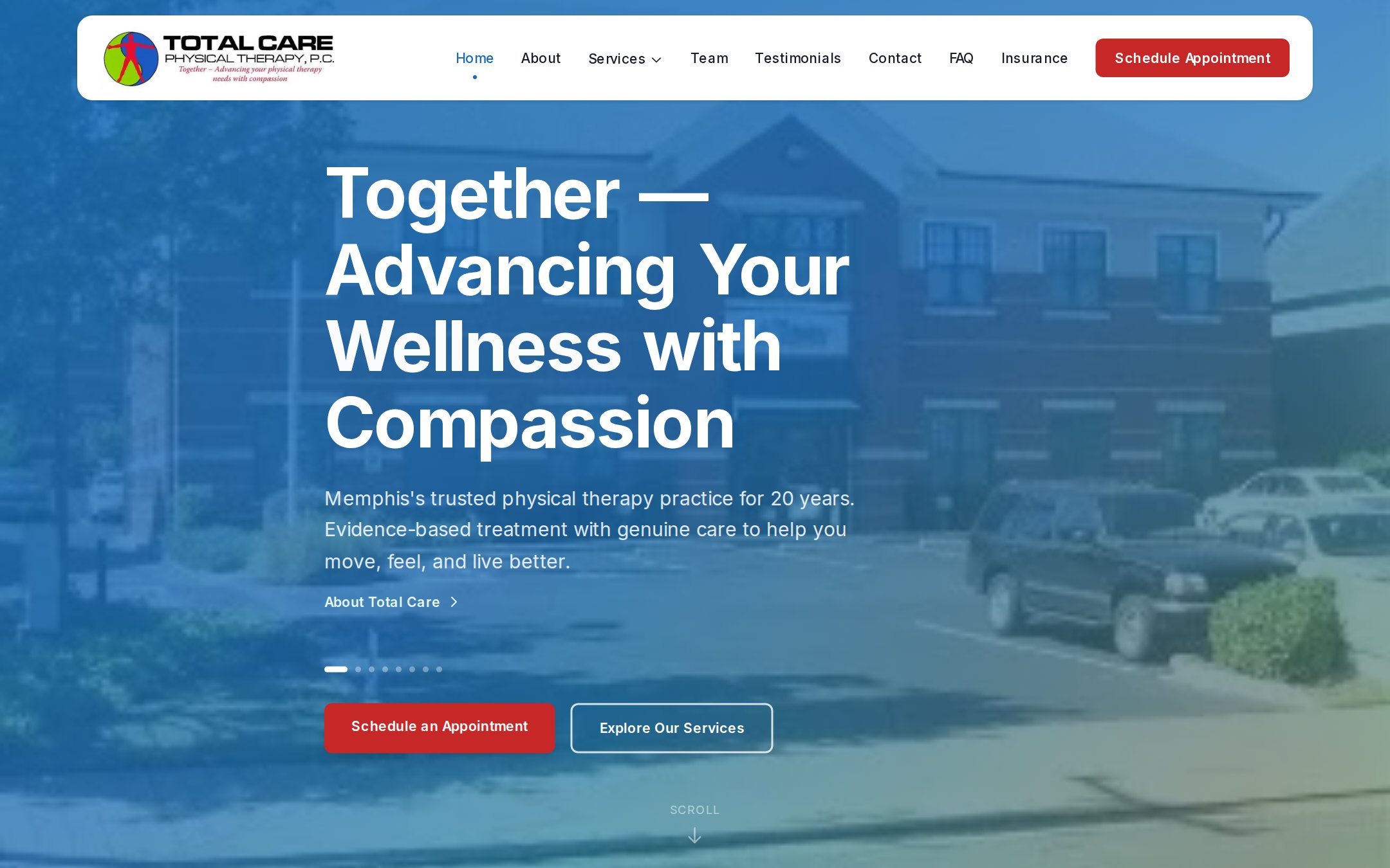 Homepage — animated hero over the clinic building, with stat counters and specialty-program cards.