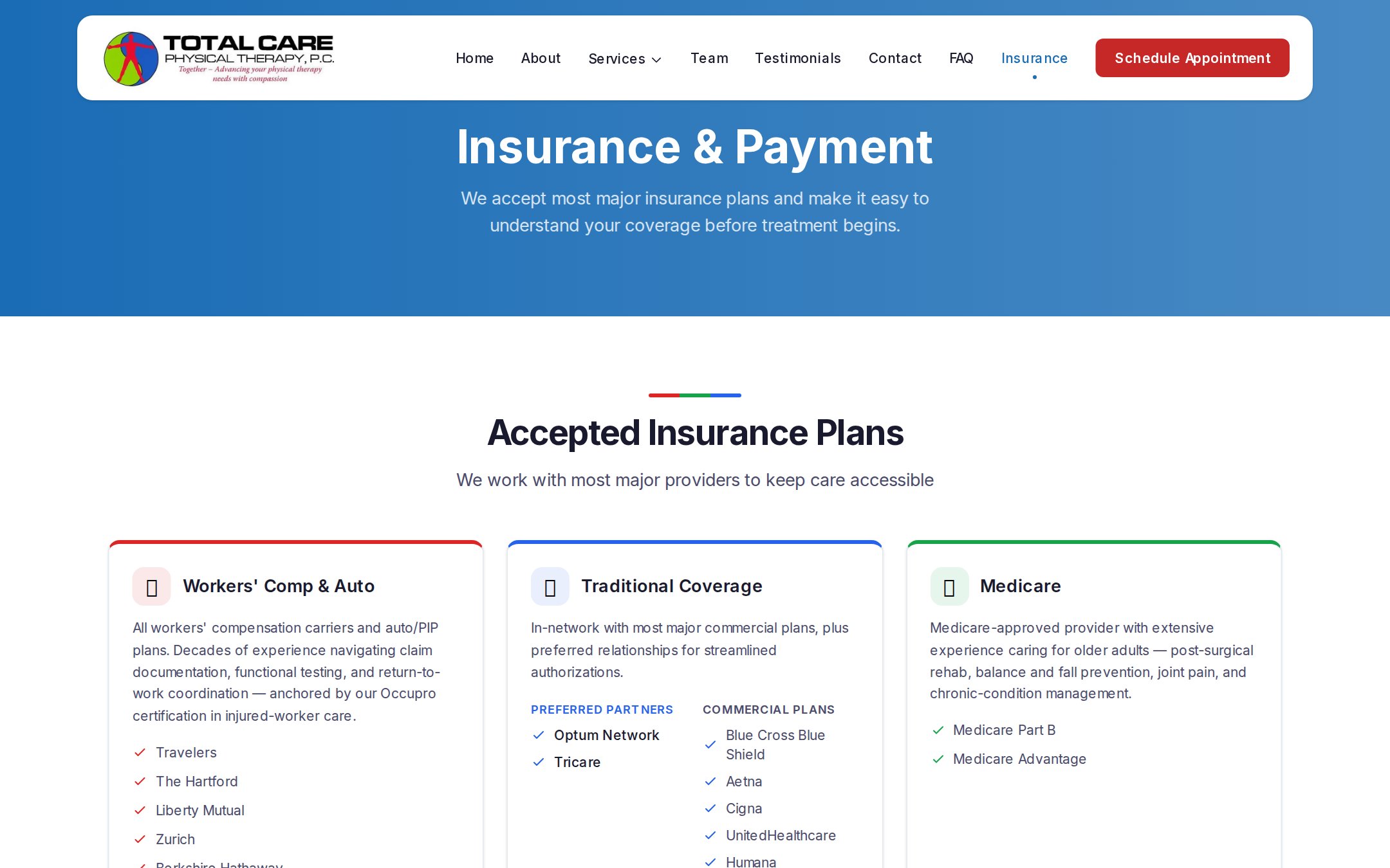 Insurance — accepted carriers, workers'-comp insurers, and a four-step benefits-verification flow.