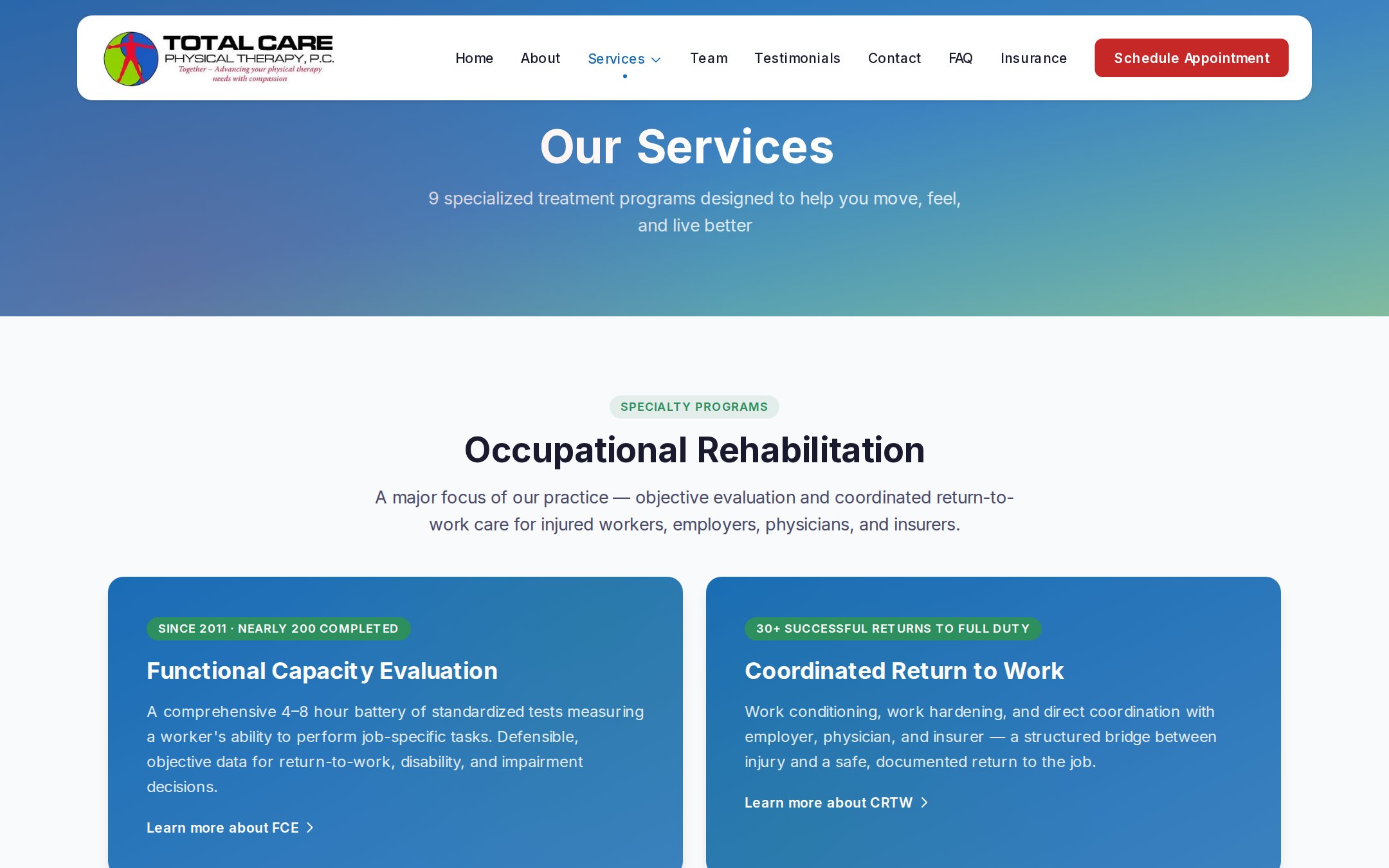 Services — occupational-rehab programs plus the filterable grid of all nine service lines.